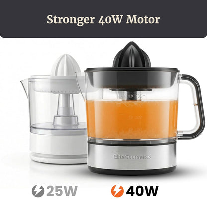 ETS326 BPA-Free 40-Watt Electric Citrus Juicer, Compact, Large Volume, Pulp Control, Oranges, Lemons, Limes, Grapefruits with Easy Pour Spout, 24oz, Black/Stainless Steel