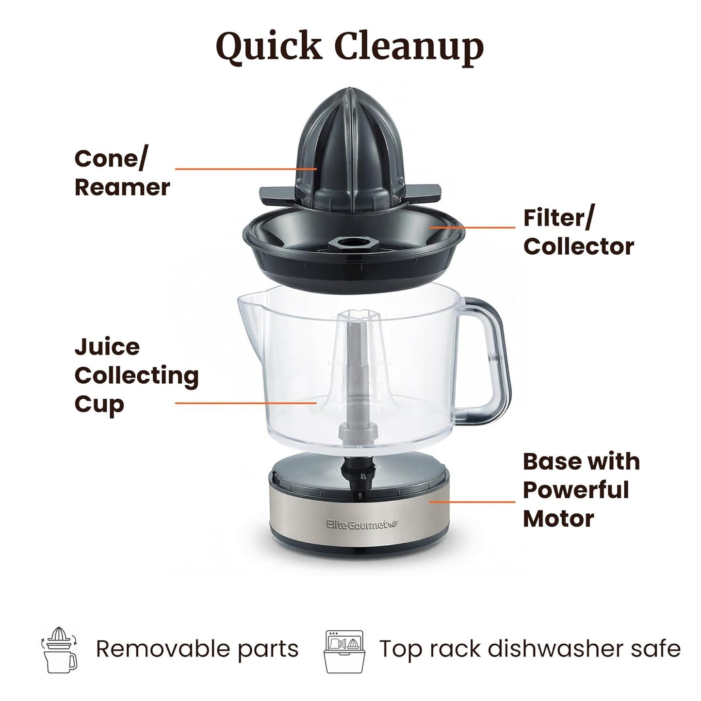 ETS326 BPA-Free 40-Watt Electric Citrus Juicer, Compact, Large Volume, Pulp Control, Oranges, Lemons, Limes, Grapefruits with Easy Pour Spout, 24oz, Black/Stainless Steel