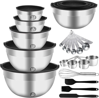 Mixing Bowls Set, 25PCS Stainless Steel Mixing Bowl with Lid Set, Large Nesting Bowls 7, 4.5, 3,2, 1.5QT, Measuring Cups and Spoons Baking Utensils Metal Bowl for Kitchen Prep