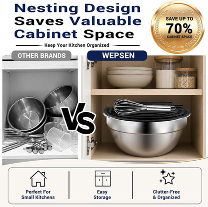 Mixing Bowls Set, 25PCS Stainless Steel Mixing Bowl with Lid Set, Large Nesting Bowls 7, 4.5, 3,2, 1.5QT, Measuring Cups and Spoons Baking Utensils Metal Bowl for Kitchen Prep