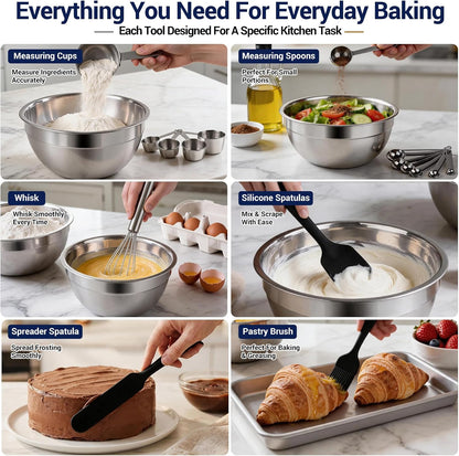 Mixing Bowls Set, 25PCS Stainless Steel Mixing Bowl with Lid Set, Large Nesting Bowls 7, 4.5, 3,2, 1.5QT, Measuring Cups and Spoons Baking Utensils Metal Bowl for Kitchen Prep