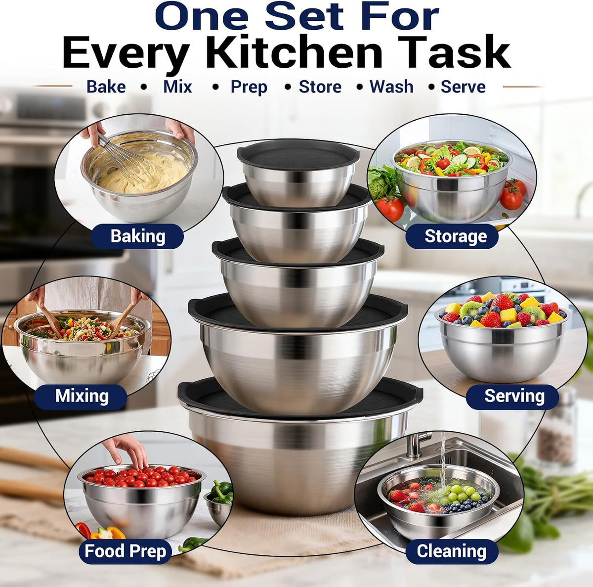 Mixing Bowls Set, 25PCS Stainless Steel Mixing Bowl with Lid Set, Large Nesting Bowls 7, 4.5, 3,2, 1.5QT, Measuring Cups and Spoons Baking Utensils Metal Bowl for Kitchen Prep