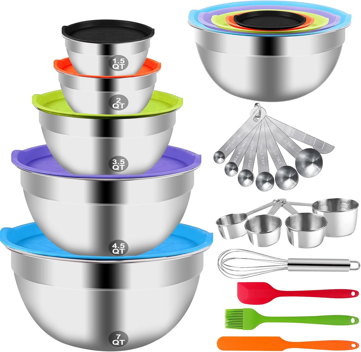 Mixing Bowls Set, 25PCS Stainless Steel Mixing Bowl with Lid Set, Large Nesting Bowls 7, 4.5, 3,2, 1.5QT, Measuring Cups and Spoons Baking Utensils Metal Bowl for Kitchen Prep