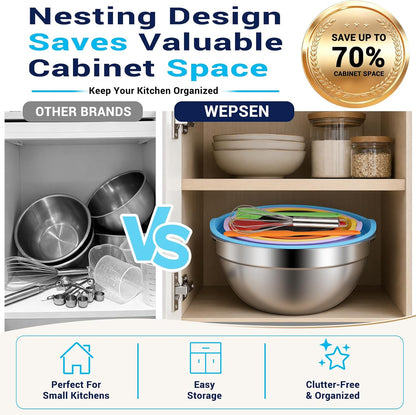 Mixing Bowls Set, 25PCS Stainless Steel Mixing Bowl with Lid Set, Large Nesting Bowls 7, 4.5, 3,2, 1.5QT, Measuring Cups and Spoons Baking Utensils Metal Bowl for Kitchen Prep