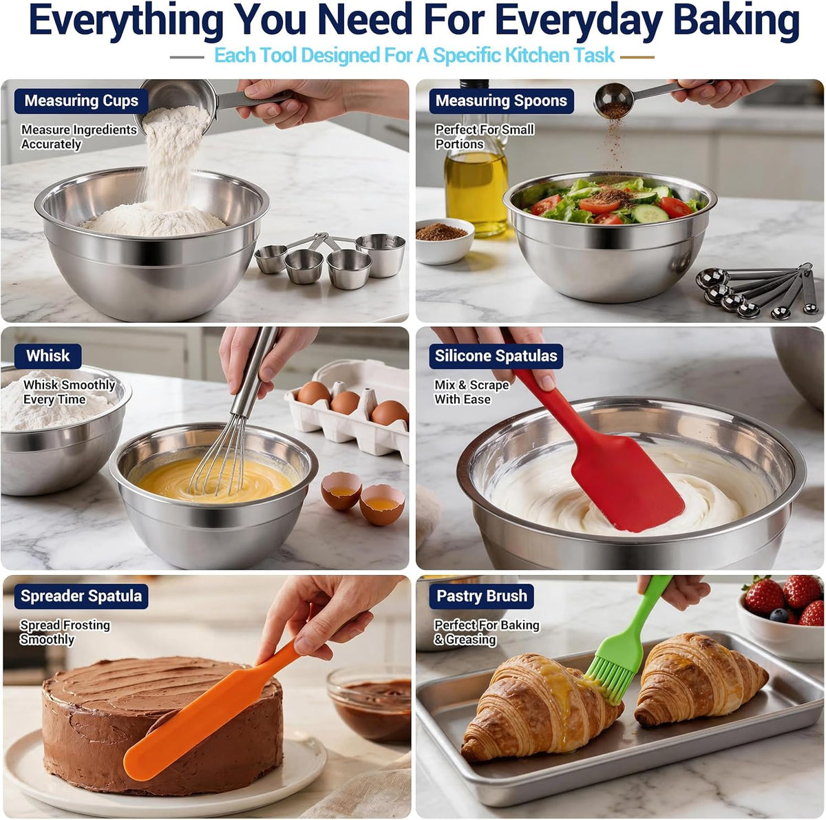 Mixing Bowls Set, 25PCS Stainless Steel Mixing Bowl with Lid Set, Large Nesting Bowls 7, 4.5, 3,2, 1.5QT, Measuring Cups and Spoons Baking Utensils Metal Bowl for Kitchen Prep