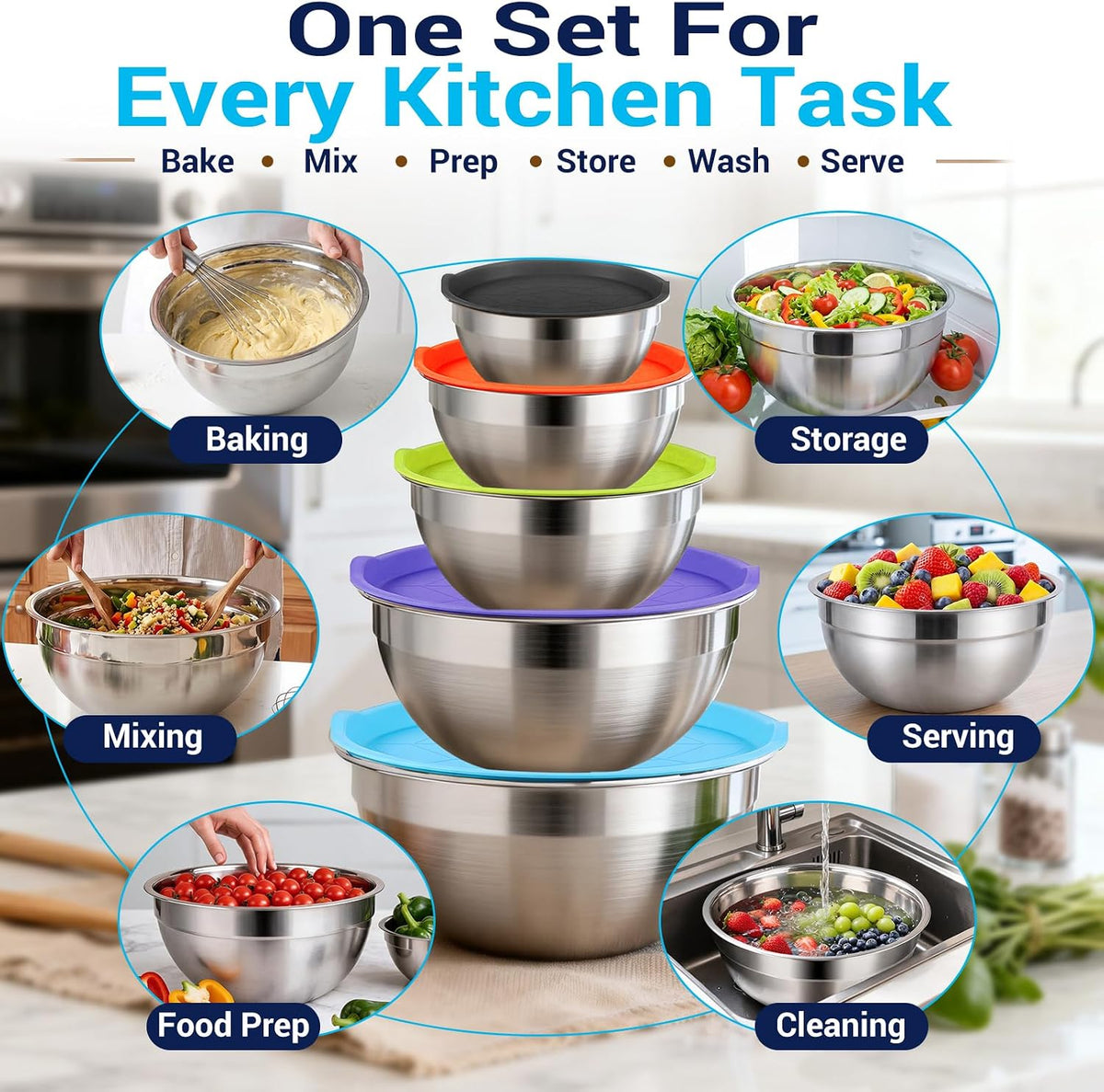 Mixing Bowls Set, 25PCS Stainless Steel Mixing Bowl with Lid Set, Large Nesting Bowls 7, 4.5, 3,2, 1.5QT, Measuring Cups and Spoons Baking Utensils Metal Bowl for Kitchen Prep