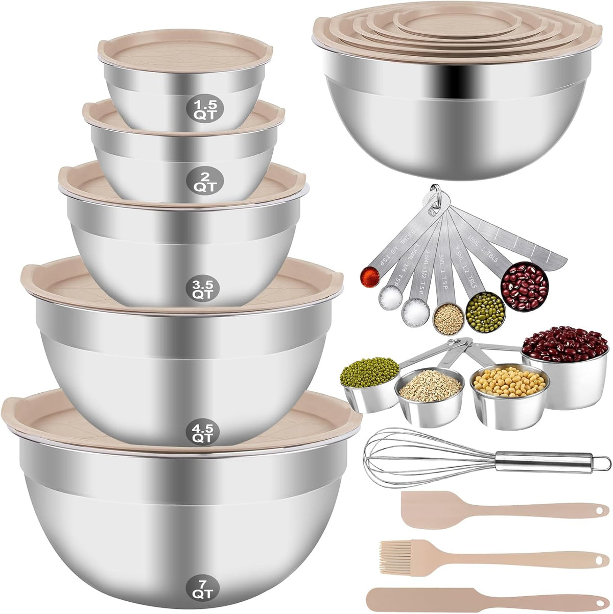 Mixing Bowls Set, 25PCS Stainless Steel Mixing Bowl with Lid Set, Large Nesting Bowls 7, 4.5, 3,2, 1.5QT, Measuring Cups and Spoons Baking Utensils Metal Bowl for Kitchen Prep