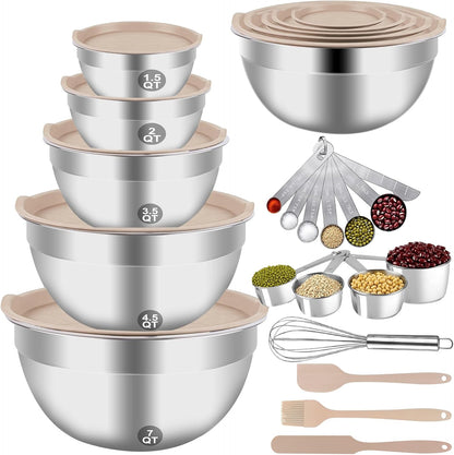 Mixing Bowls Set, 25PCS Stainless Steel Mixing Bowl with Lid Set, Large Nesting Bowls 7, 4.5, 3,2, 1.5QT, Measuring Cups and Spoons Baking Utensils Metal Bowl for Kitchen Prep