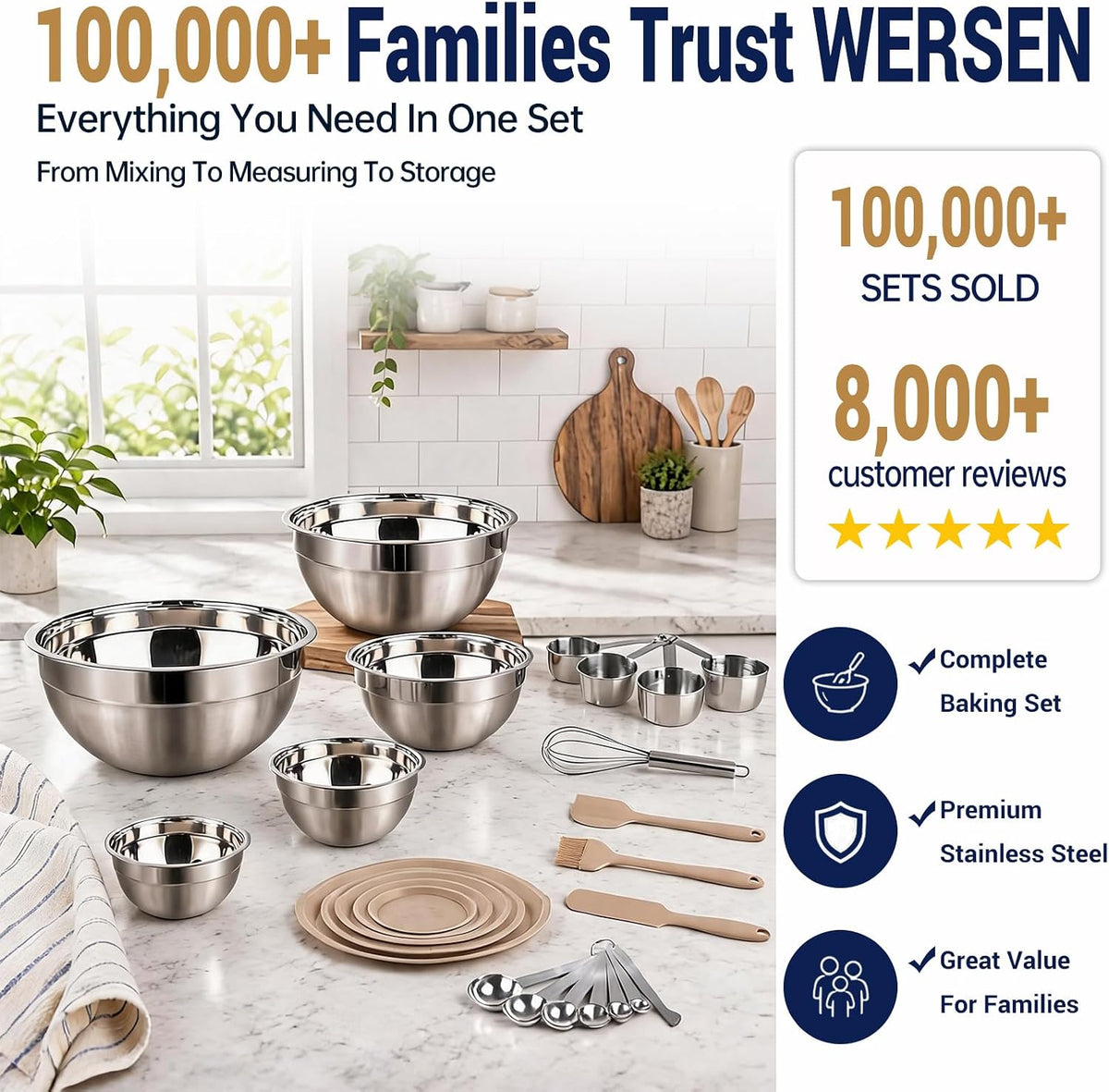 Mixing Bowls Set, 25PCS Stainless Steel Mixing Bowl with Lid Set, Large Nesting Bowls 7, 4.5, 3,2, 1.5QT, Measuring Cups and Spoons Baking Utensils Metal Bowl for Kitchen Prep