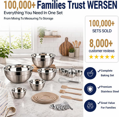Mixing Bowls Set, 25PCS Stainless Steel Mixing Bowl with Lid Set, Large Nesting Bowls 7, 4.5, 3,2, 1.5QT, Measuring Cups and Spoons Baking Utensils Metal Bowl for Kitchen Prep