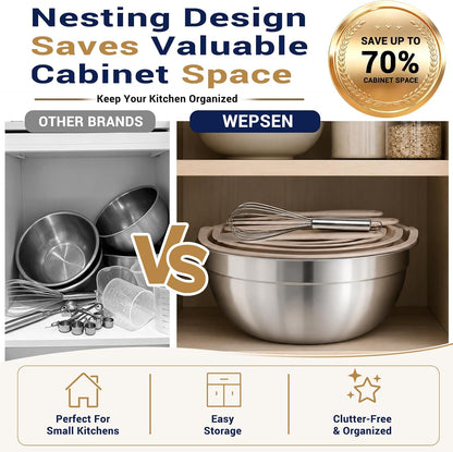 Mixing Bowls Set, 25PCS Stainless Steel Mixing Bowl with Lid Set, Large Nesting Bowls 7, 4.5, 3,2, 1.5QT, Measuring Cups and Spoons Baking Utensils Metal Bowl for Kitchen Prep