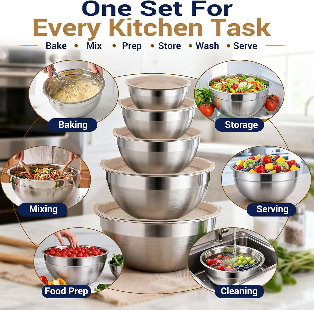 Mixing Bowls Set, 25PCS Stainless Steel Mixing Bowl with Lid Set, Large Nesting Bowls 7, 4.5, 3,2, 1.5QT, Measuring Cups and Spoons Baking Utensils Metal Bowl for Kitchen Prep