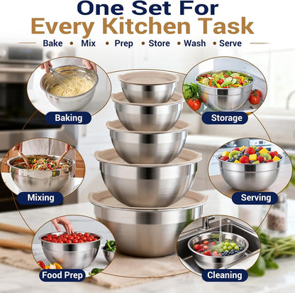 Mixing Bowls Set, 25PCS Stainless Steel Mixing Bowl with Lid Set, Large Nesting Bowls 7, 4.5, 3,2, 1.5QT, Measuring Cups and Spoons Baking Utensils Metal Bowl for Kitchen Prep