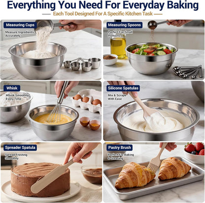 Mixing Bowls Set, 25PCS Stainless Steel Mixing Bowl with Lid Set, Large Nesting Bowls 7, 4.5, 3,2, 1.5QT, Measuring Cups and Spoons Baking Utensils Metal Bowl for Kitchen Prep