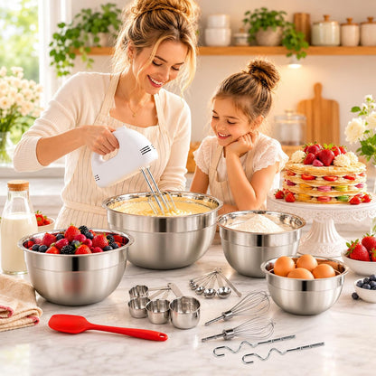 Mixing Bowls Set, 25PCS Stainless Steel Mixing Bowl with Lid Set, Large Nesting Bowls 7, 4.5, 3,2, 1.5QT, Measuring Cups and Spoons Baking Utensils Metal Bowl for Kitchen Prep
