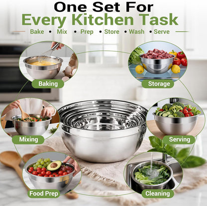 Mixing Bowls Set, 25PCS Stainless Steel Mixing Bowl with Lid Set, Large Nesting Bowls 7, 4.5, 3,2, 1.5QT, Measuring Cups and Spoons Baking Utensils Metal Bowl for Kitchen Prep