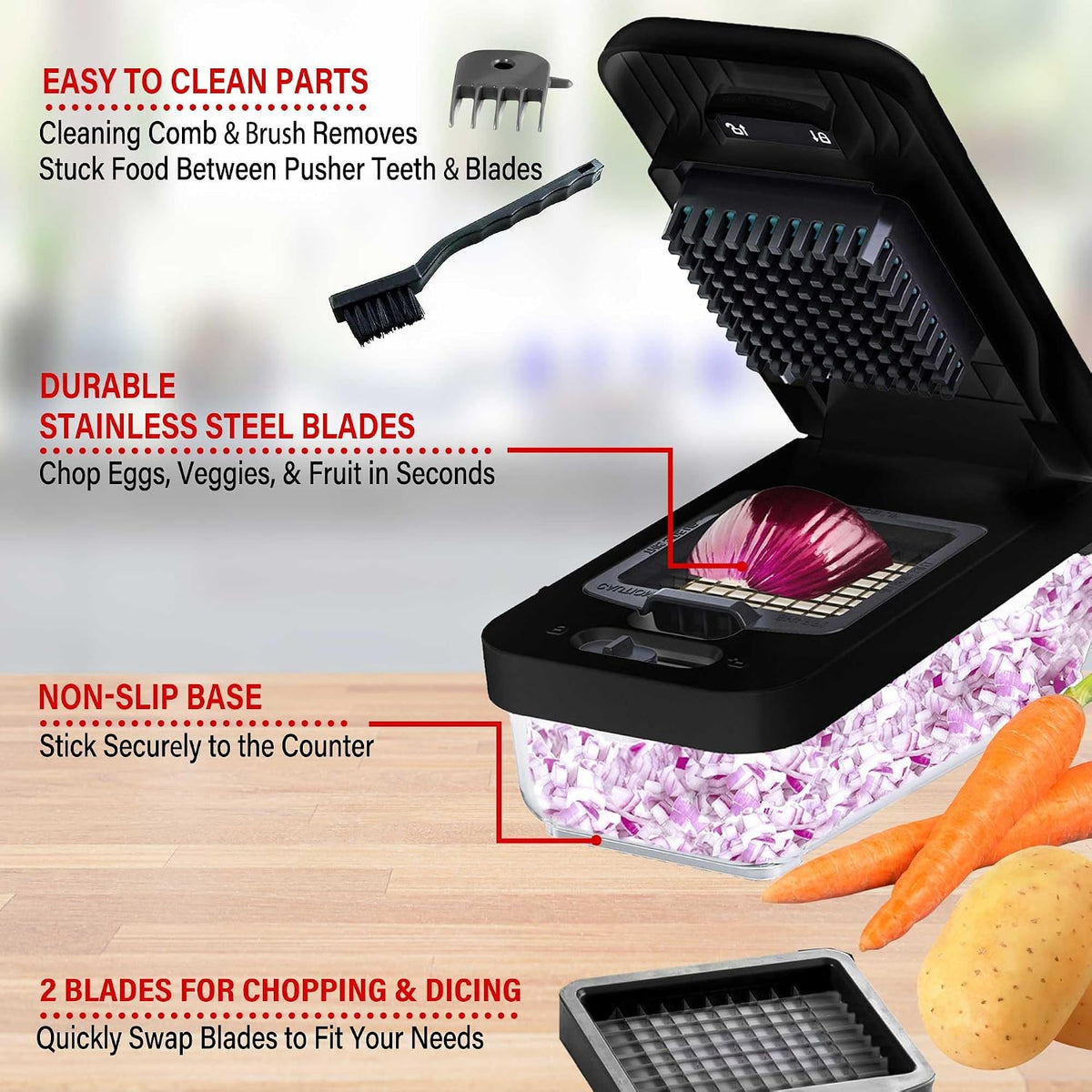 Brentwood Food Chopper and Vegetable Dicer with Storage Container and Stainless Steel Blades (Stainless Steel Black)