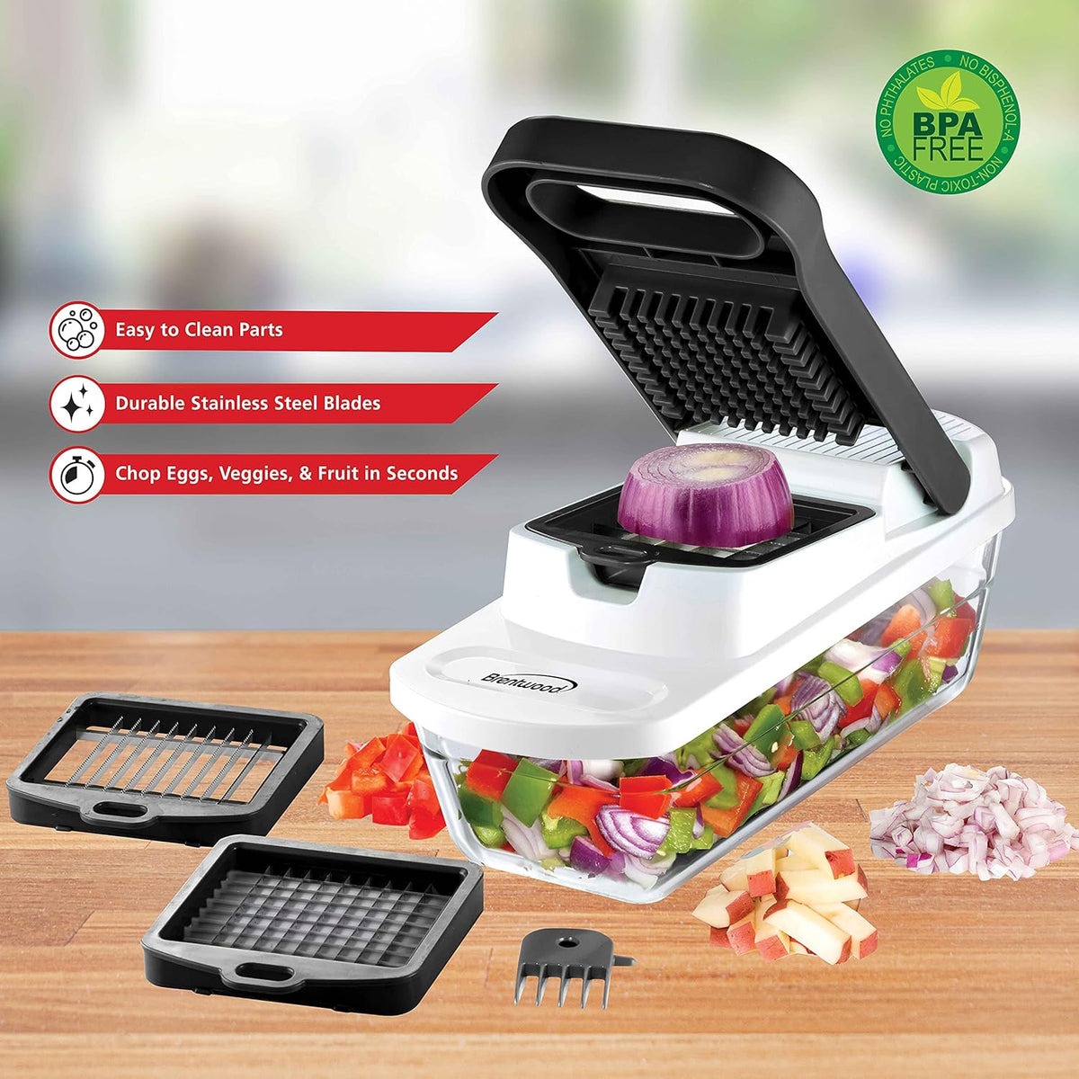 Brentwood Food Chopper and Vegetable Dicer with Storage Container and Stainless Steel Blades (Stainless Steel Black)