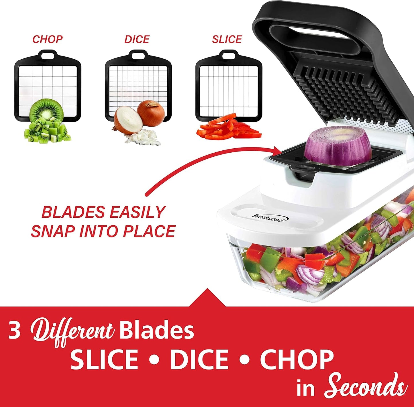 Brentwood Food Chopper and Vegetable Dicer with Storage Container and Stainless Steel Blades (Stainless Steel Black)