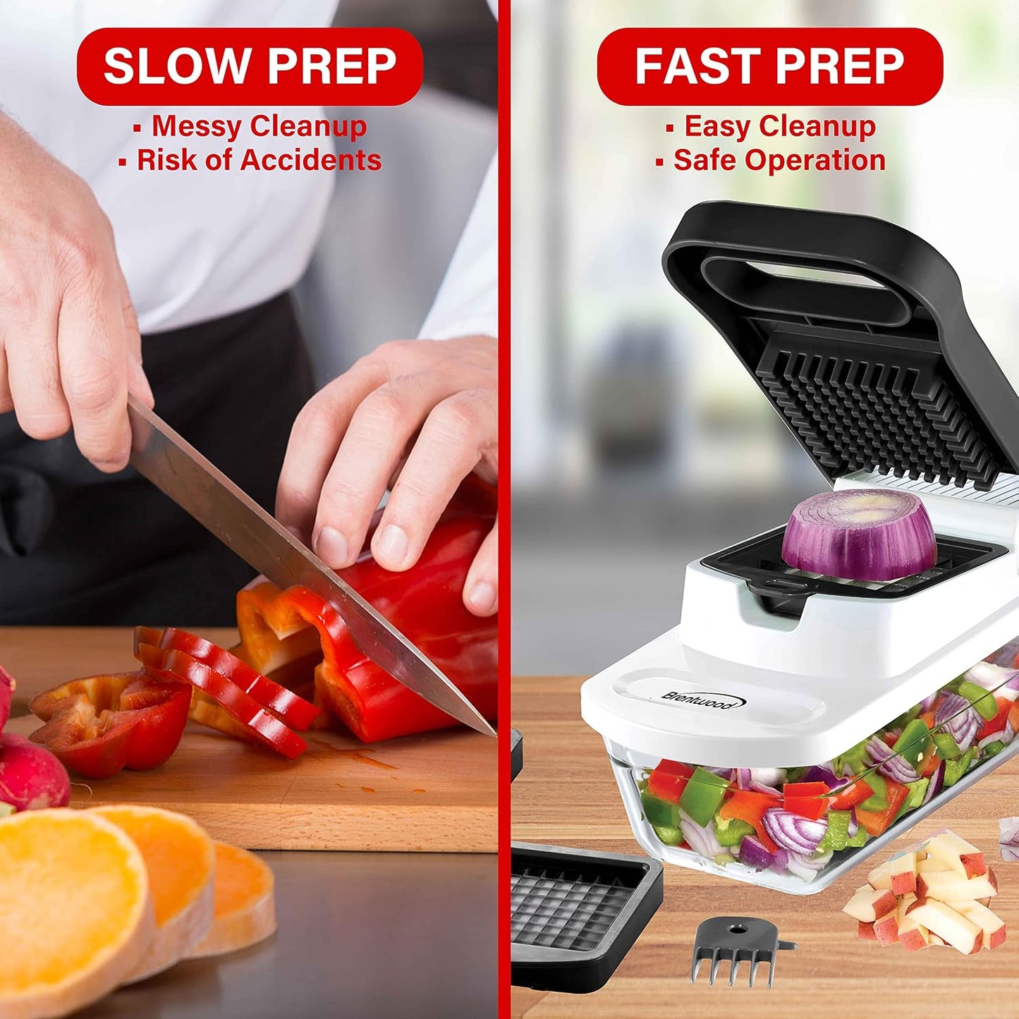 Brentwood Food Chopper and Vegetable Dicer with Storage Container and Stainless Steel Blades (Stainless Steel Black)