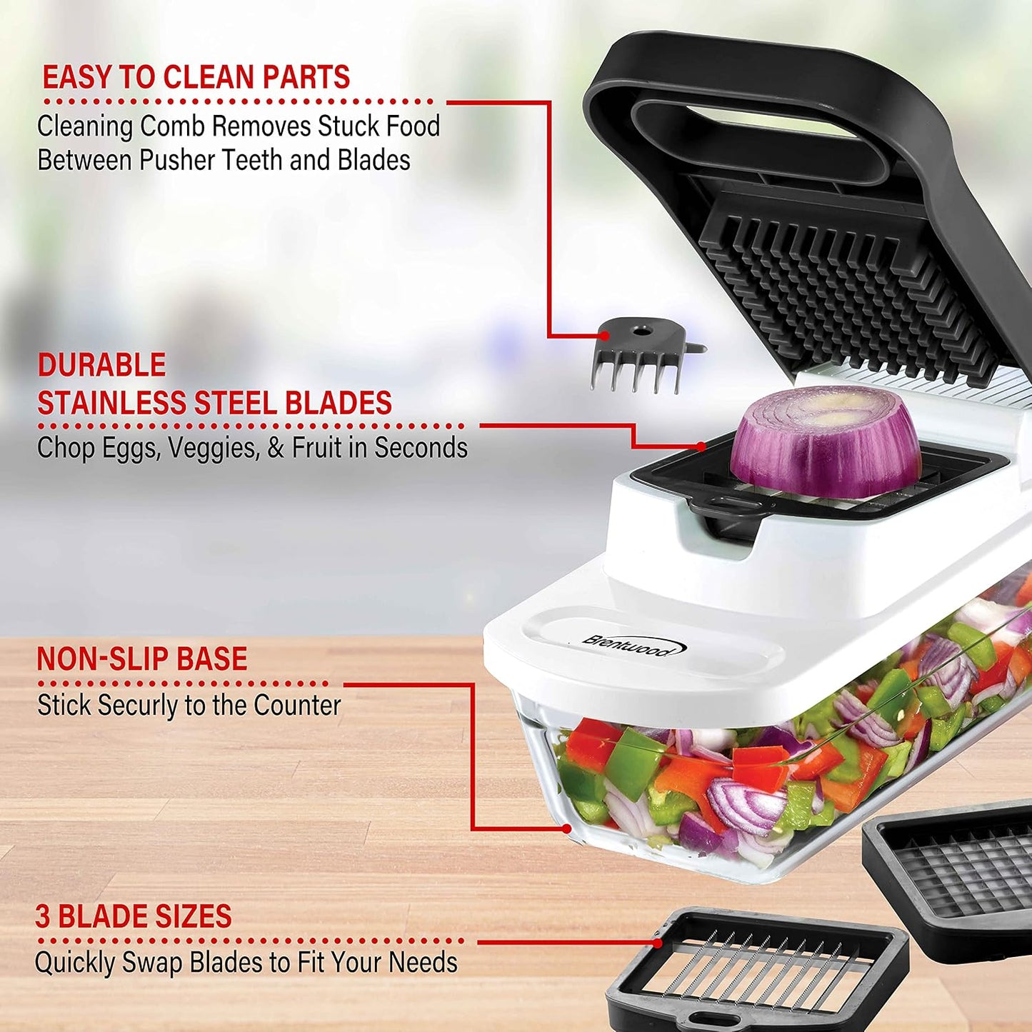 Brentwood Food Chopper and Vegetable Dicer with Storage Container and Stainless Steel Blades (Stainless Steel Black)