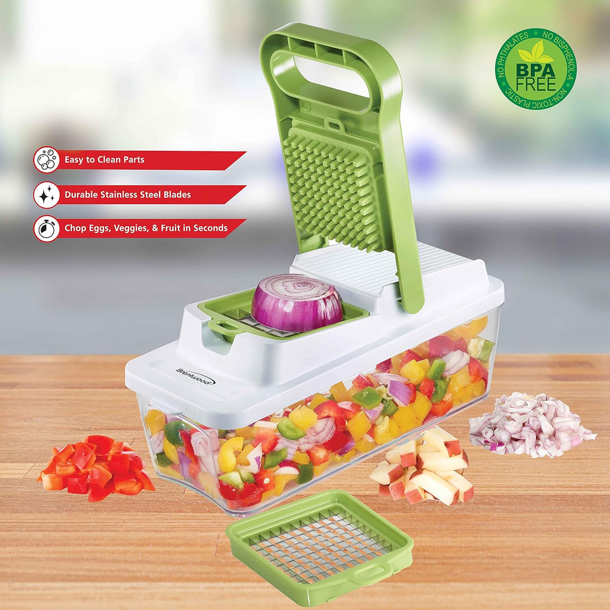Brentwood Food Chopper and Vegetable Dicer with Storage Container and Stainless Steel Blades (Stainless Steel Black)