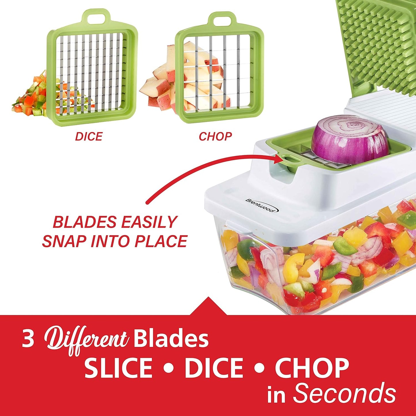Brentwood Food Chopper and Vegetable Dicer with Storage Container and Stainless Steel Blades (Stainless Steel Black)