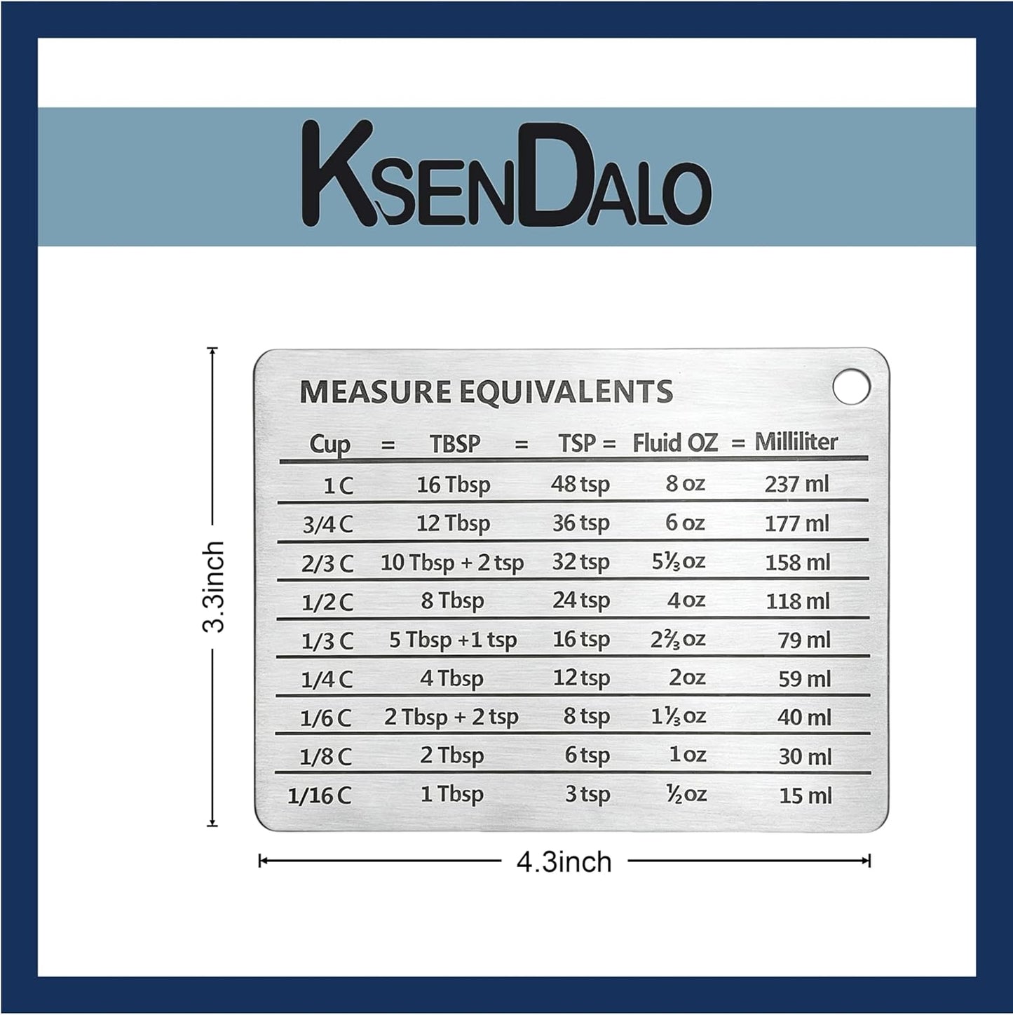 Measurement Conversion Chart with Strong Magnet Backing, Stainless Measurement Conversions For Cups, Tablespoons, Teaspoons, Fluid Oz and Milliliters,Silver
