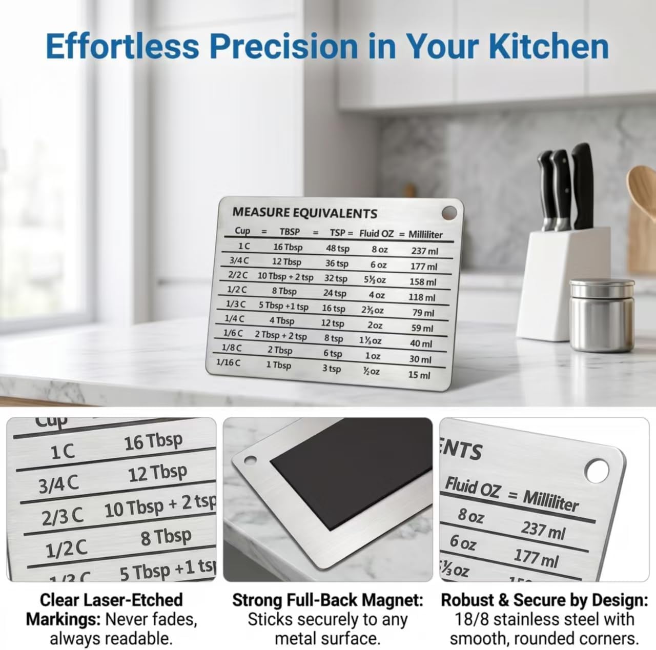 Measurement Conversion Chart with Strong Magnet Backing, Stainless Measurement Conversions For Cups, Tablespoons, Teaspoons, Fluid Oz and Milliliters,Silver