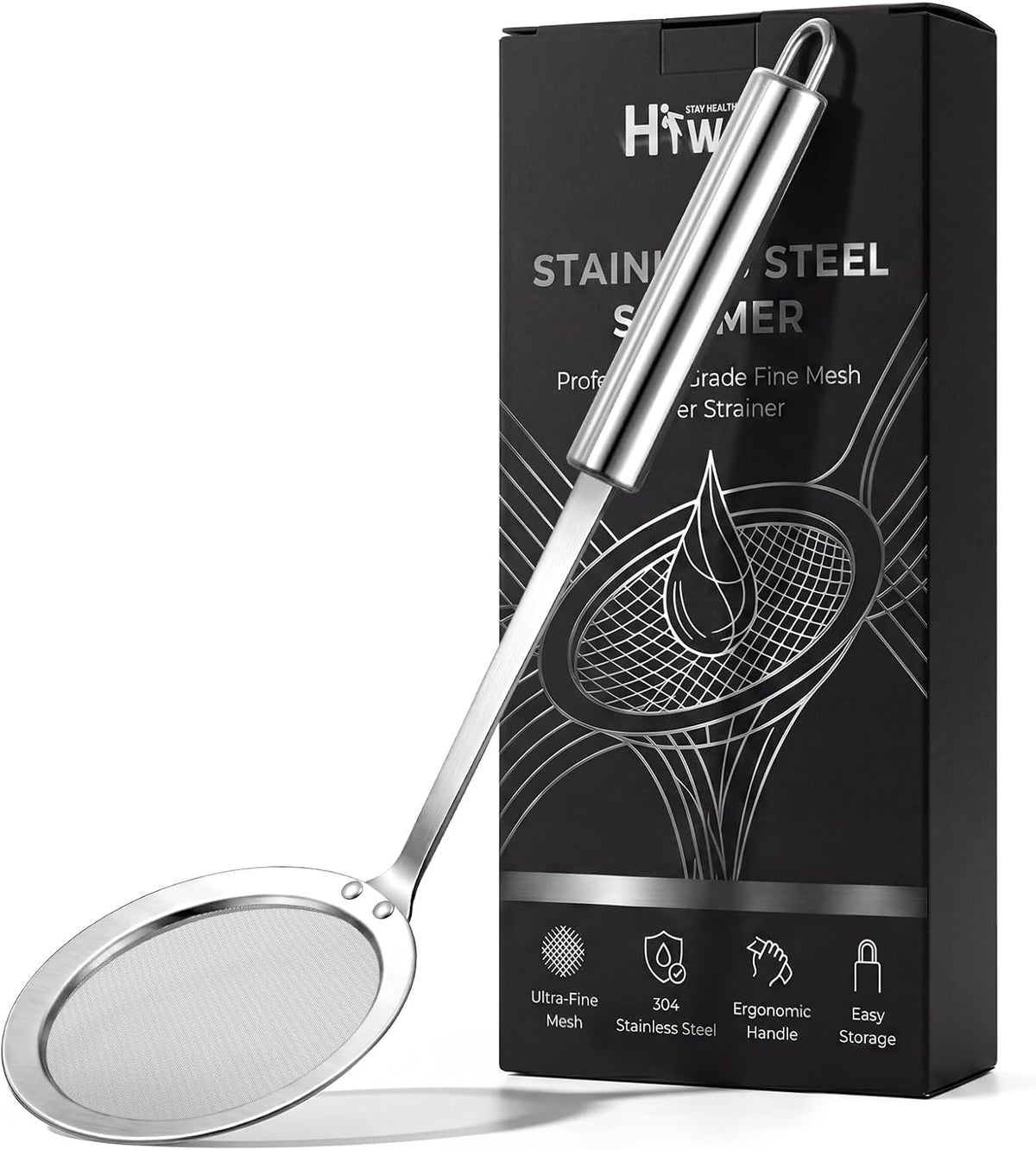 Stainless Steel Fat Skimmer Spoon - Fine Mesh Food Strainer for Grease, Gravy and Foam, Japanese Hot Pot Skimmer with Long Handle