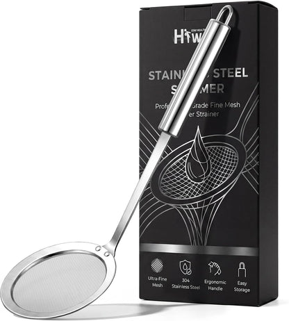 Stainless Steel Fat Skimmer Spoon - Fine Mesh Food Strainer for Grease, Gravy and Foam, Japanese Hot Pot Skimmer with Long Handle