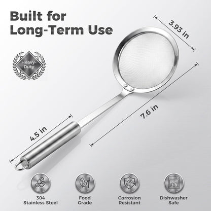 Stainless Steel Fat Skimmer Spoon - Fine Mesh Food Strainer for Grease, Gravy and Foam, Japanese Hot Pot Skimmer with Long Handle