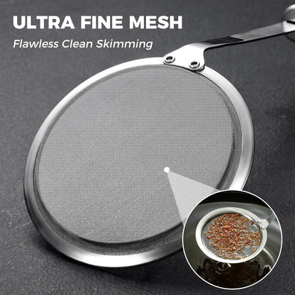 Stainless Steel Fat Skimmer Spoon - Fine Mesh Food Strainer for Grease, Gravy and Foam, Japanese Hot Pot Skimmer with Long Handle