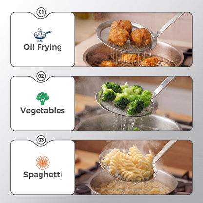 Stainless Steel Fat Skimmer Spoon - Fine Mesh Food Strainer for Grease, Gravy and Foam, Japanese Hot Pot Skimmer with Long Handle