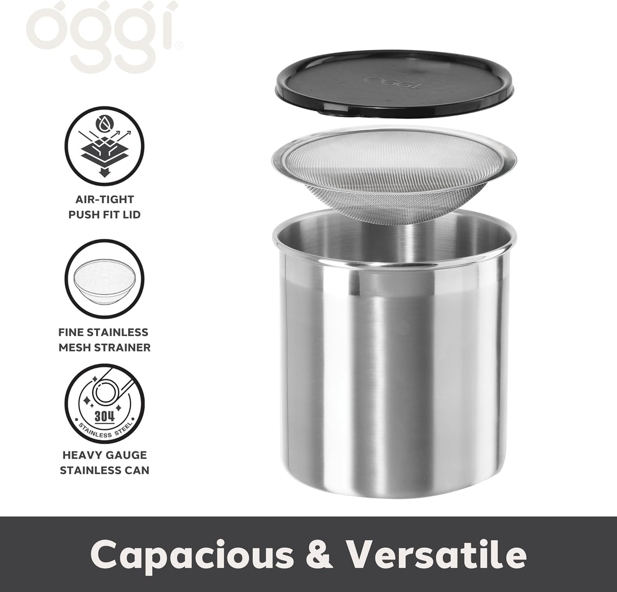 Stainless Steel Jumbo Grease Container with Removable Strainer and Snug Lid. Perfect container for fryer oil, bacon drippings, lard and ghee oil. Large capacity can - 1 Gall / 4 Qt / 3.75 Lt