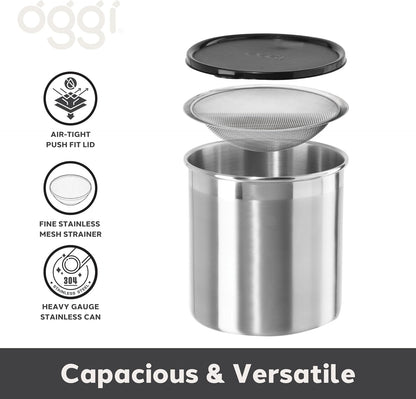Stainless Steel Jumbo Grease Container with Removable Strainer and Snug Lid. Perfect container for fryer oil, bacon drippings, lard and ghee oil. Large capacity can - 1 Gall / 4 Qt / 3.75 Lt