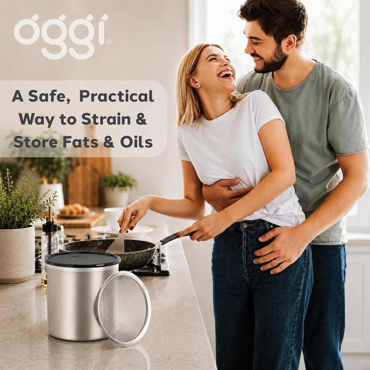 Stainless Steel Jumbo Grease Container with Removable Strainer and Snug Lid. Perfect container for fryer oil, bacon drippings, lard and ghee oil. Large capacity can - 1 Gall / 4 Qt / 3.75 Lt