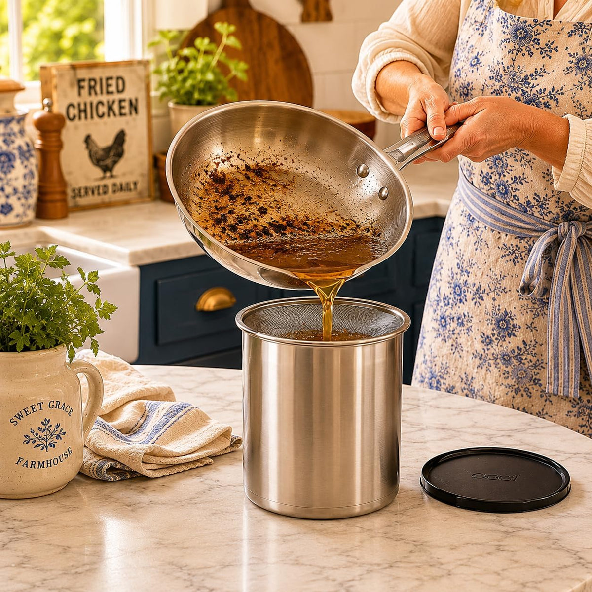 Stainless Steel Jumbo Grease Container with Removable Strainer and Snug Lid. Perfect container for fryer oil, bacon drippings, lard and ghee oil. Large capacity can - 1 Gall / 4 Qt / 3.75 Lt