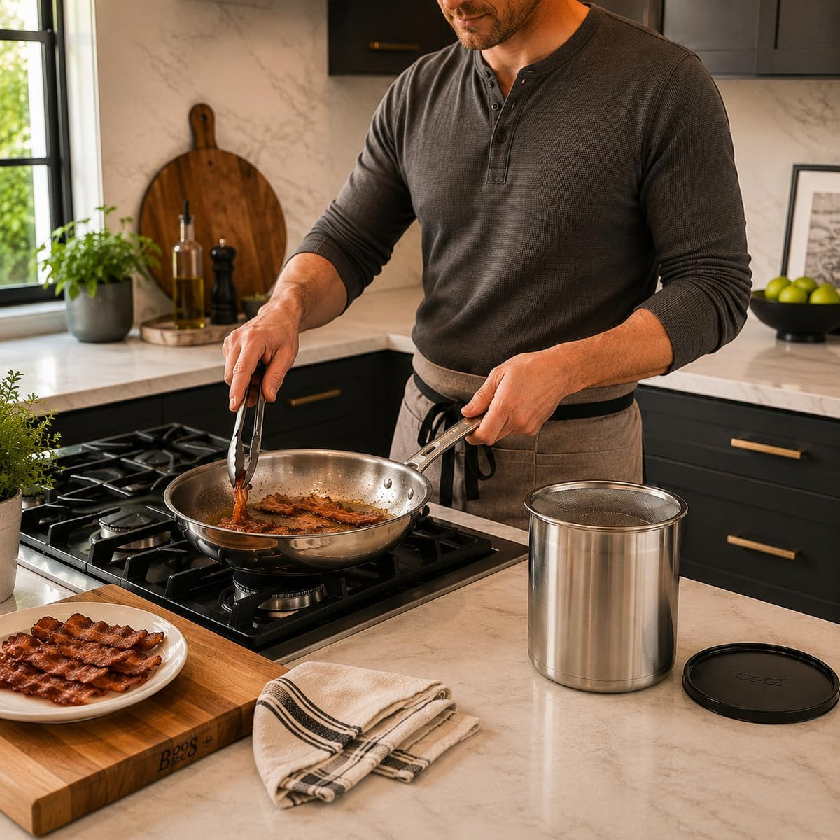 Stainless Steel Jumbo Grease Container with Removable Strainer and Snug Lid. Perfect container for fryer oil, bacon drippings, lard and ghee oil. Large capacity can - 1 Gall / 4 Qt / 3.75 Lt