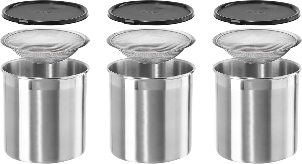 Stainless Steel Jumbo Grease Container with Removable Strainer and Snug Lid. Perfect container for fryer oil, bacon drippings, lard and ghee oil. Large capacity can - 1 Gall / 4 Qt / 3.75 Lt