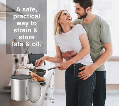 Stainless Steel Jumbo Grease Container with Removable Strainer and Snug Lid. Perfect container for fryer oil, bacon drippings, lard and ghee oil. Large capacity can - 1 Gall / 4 Qt / 3.75 Lt