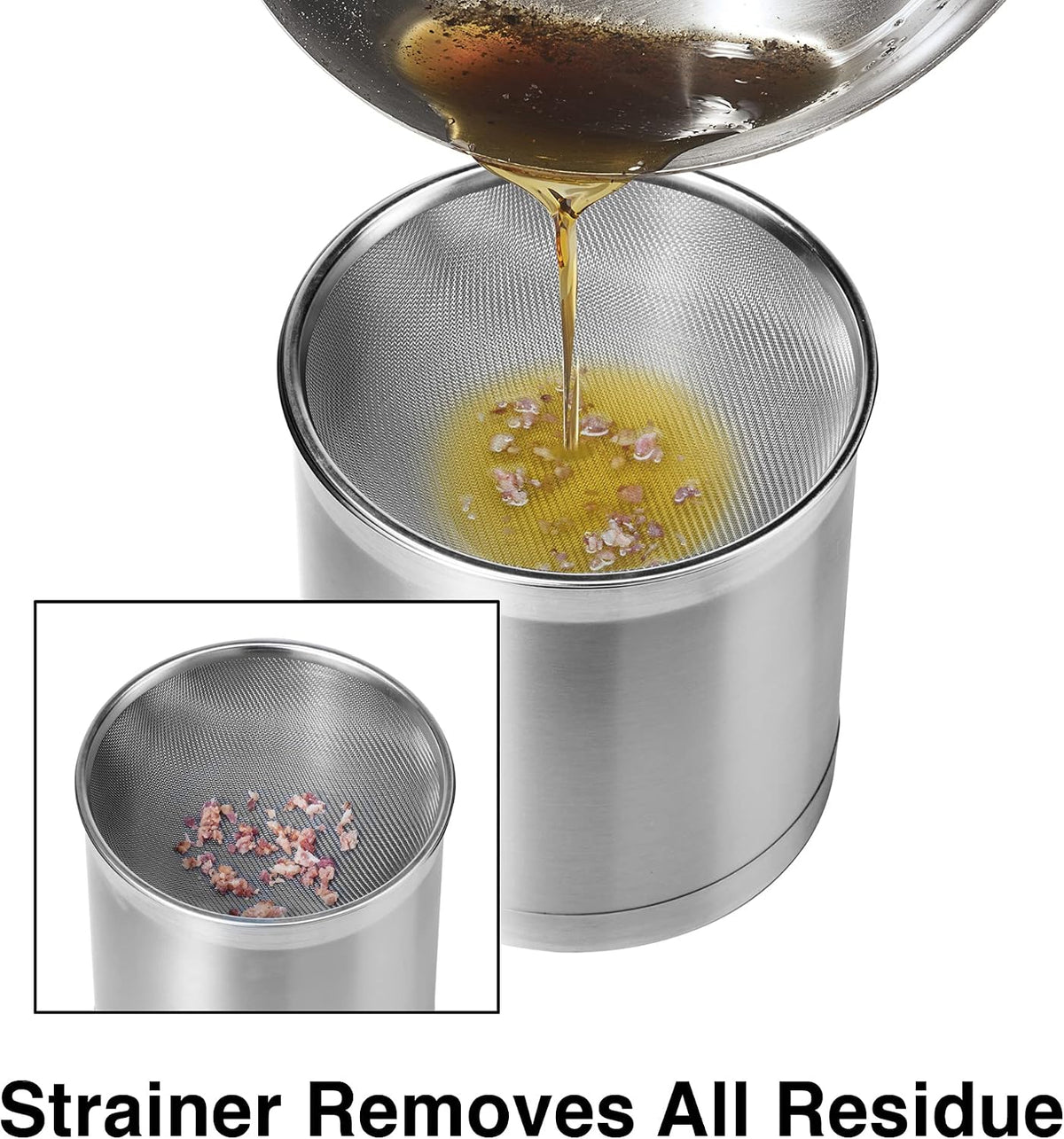 Stainless Steel Jumbo Grease Container with Removable Strainer and Snug Lid. Perfect container for fryer oil, bacon drippings, lard and ghee oil. Large capacity can - 1 Gall / 4 Qt / 3.75 Lt