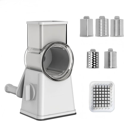 Rotary Cheese Grater and Shredder | Vegetable Chopper and Slicer | 8 Blades Manual Food Cutter | Multi-Function Grater | White