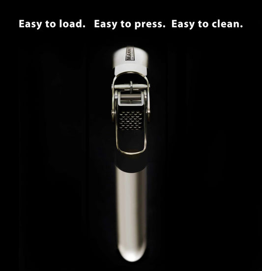 Stainless Steel Garlic Press, Heavy Duty Professional Grade Double Lever-Assisted Garlic Mincer with High Capacity Reservoir - Easy to Clean and Rust Free Garlic Crusher