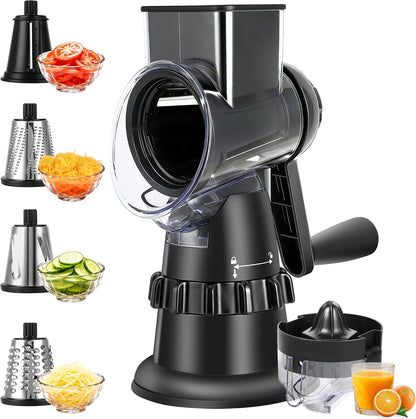 Rotary Cheese Grater Hand Crank, Vegetable Slicer with 3 Blades, Stable Suction, Labor-Saving Handle, Cheese Shredder for Potato Vegetables Nuts Chocolate, Black