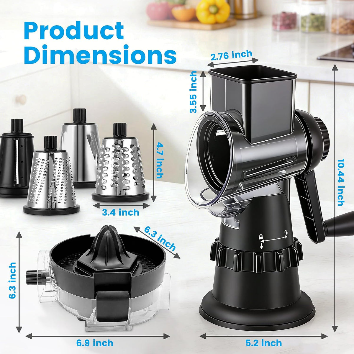 Rotary Cheese Grater Hand Crank, Vegetable Slicer with 3 Blades, Stable Suction, Labor-Saving Handle, Cheese Shredder for Potato Vegetables Nuts Chocolate, Black