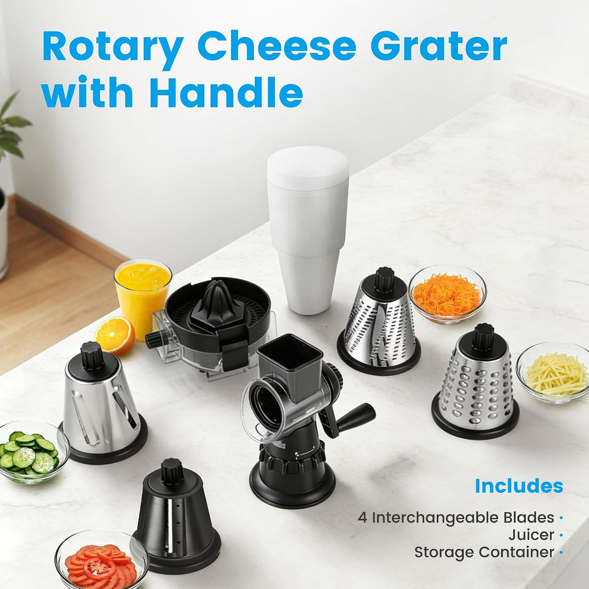 Rotary Cheese Grater Hand Crank, Vegetable Slicer with 3 Blades, Stable Suction, Labor-Saving Handle, Cheese Shredder for Potato Vegetables Nuts Chocolate, Black