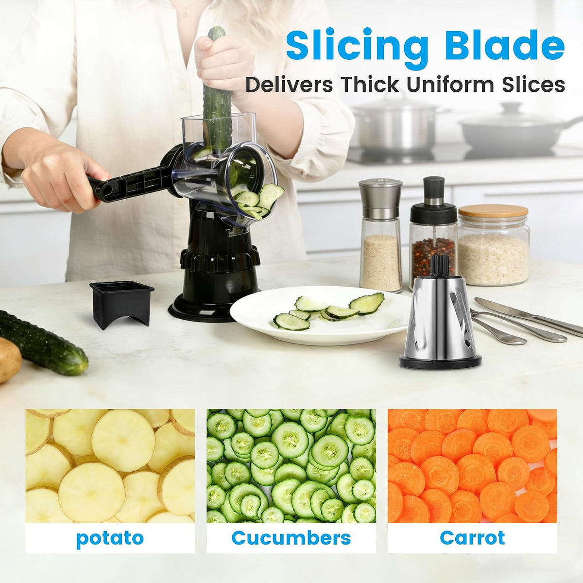 Rotary Cheese Grater Hand Crank, Vegetable Slicer with 3 Blades, Stable Suction, Labor-Saving Handle, Cheese Shredder for Potato Vegetables Nuts Chocolate, Black