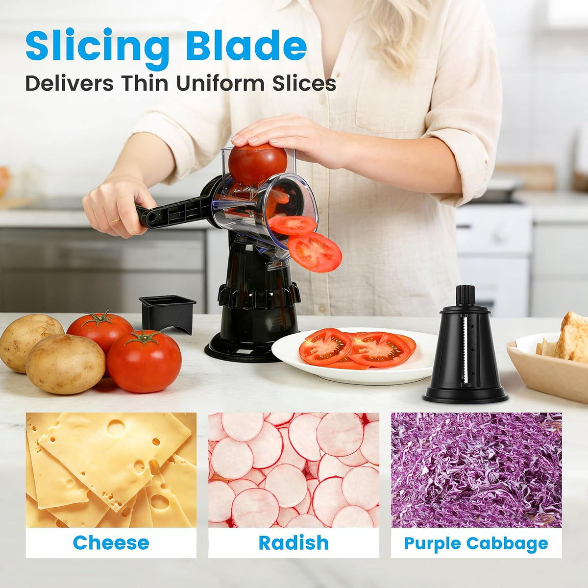 Rotary Cheese Grater Hand Crank, Vegetable Slicer with 3 Blades, Stable Suction, Labor-Saving Handle, Cheese Shredder for Potato Vegetables Nuts Chocolate, Black