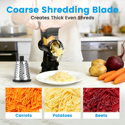 Rotary Cheese Grater Hand Crank, Vegetable Slicer with 3 Blades, Stable Suction, Labor-Saving Handle, Cheese Shredder for Potato Vegetables Nuts Chocolate, Black